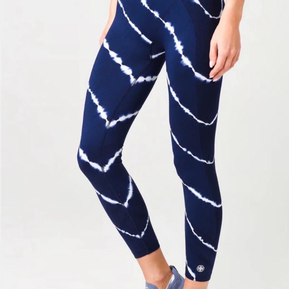 Tory Burch Sport Navy Diagonal Shibori Tie Dye Leggings Size Medium